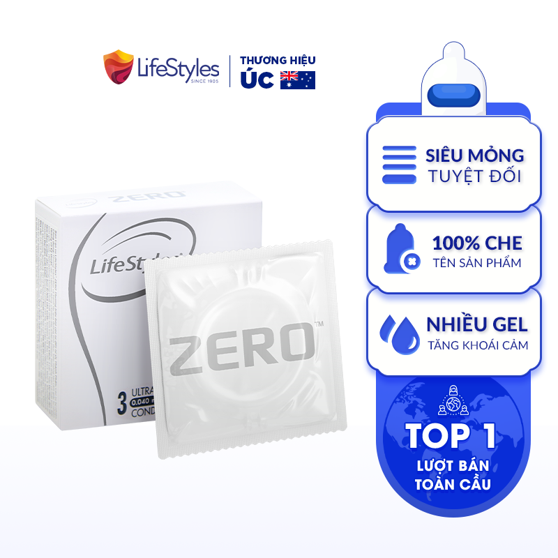 Bao Cao Su LifeStyles ZERO Cao Cấp Siêu Mỏng Tuyệt Đối, Dẻo Dai - Hộp 3 bao