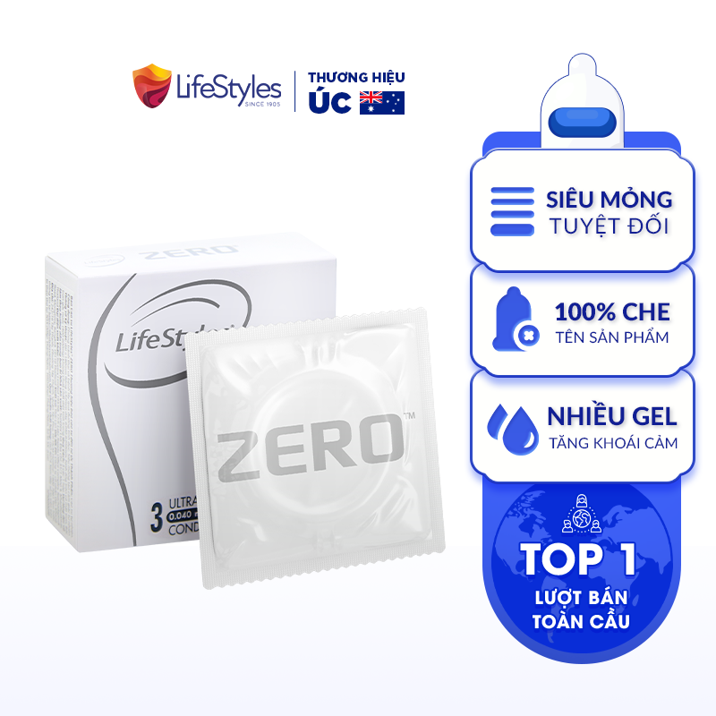 Bao cao su mỏng khít LifeStyles Zero - Trơn êm -  Hộp 3 bao