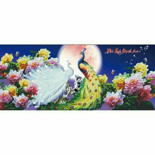 Tranh đính đá Phú Quý Bình An- Đôi Công Hoa Mẫu Đơn chưa đính đá