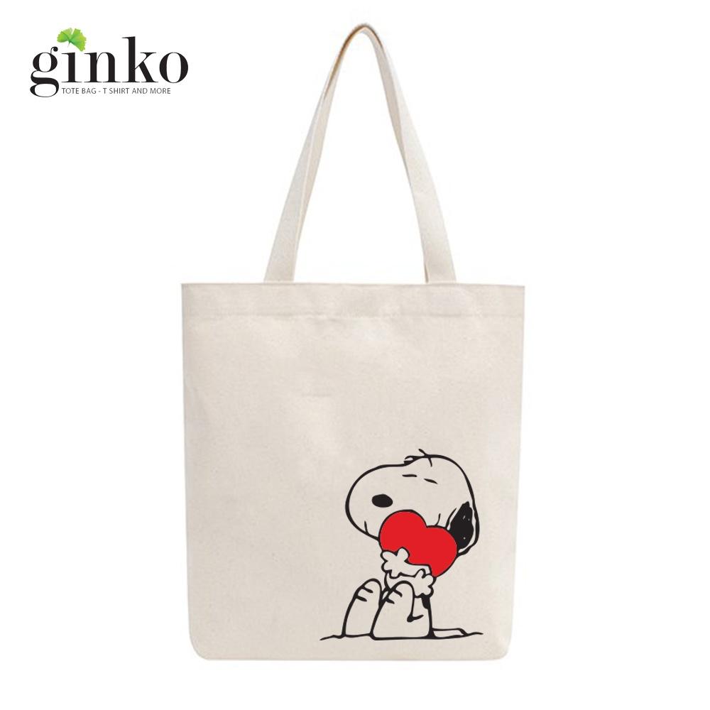 Túi tote vải mộc GINKO có dây kéo khóa miệng túi đựng vừa laptop 14 inch và nhiều đồ dùng khác in hình Snoopy and Friends M105
