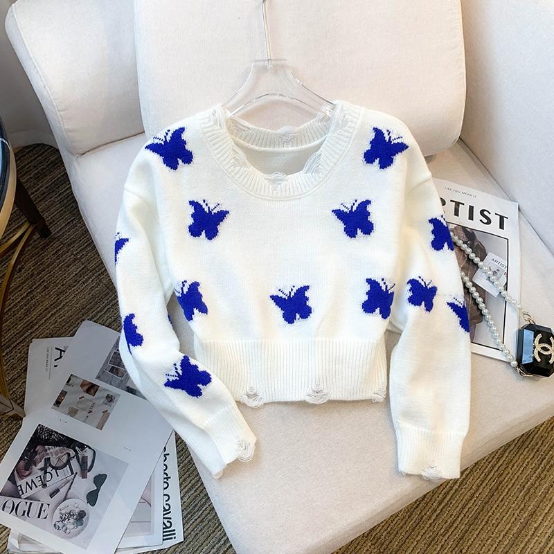 Áo len nữ Montoghi dệt kim kiểu RÁCH NHÍ croptop IN HÌNH BƯỚM phong cách cá tính