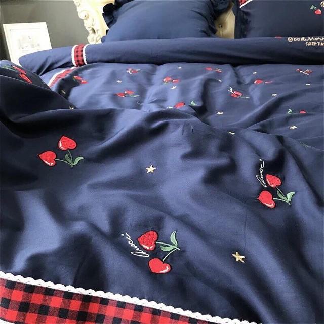 Trọn bộ chăn ga gối cotton lụa cherry xanh đính nơ mẫu mới 2019