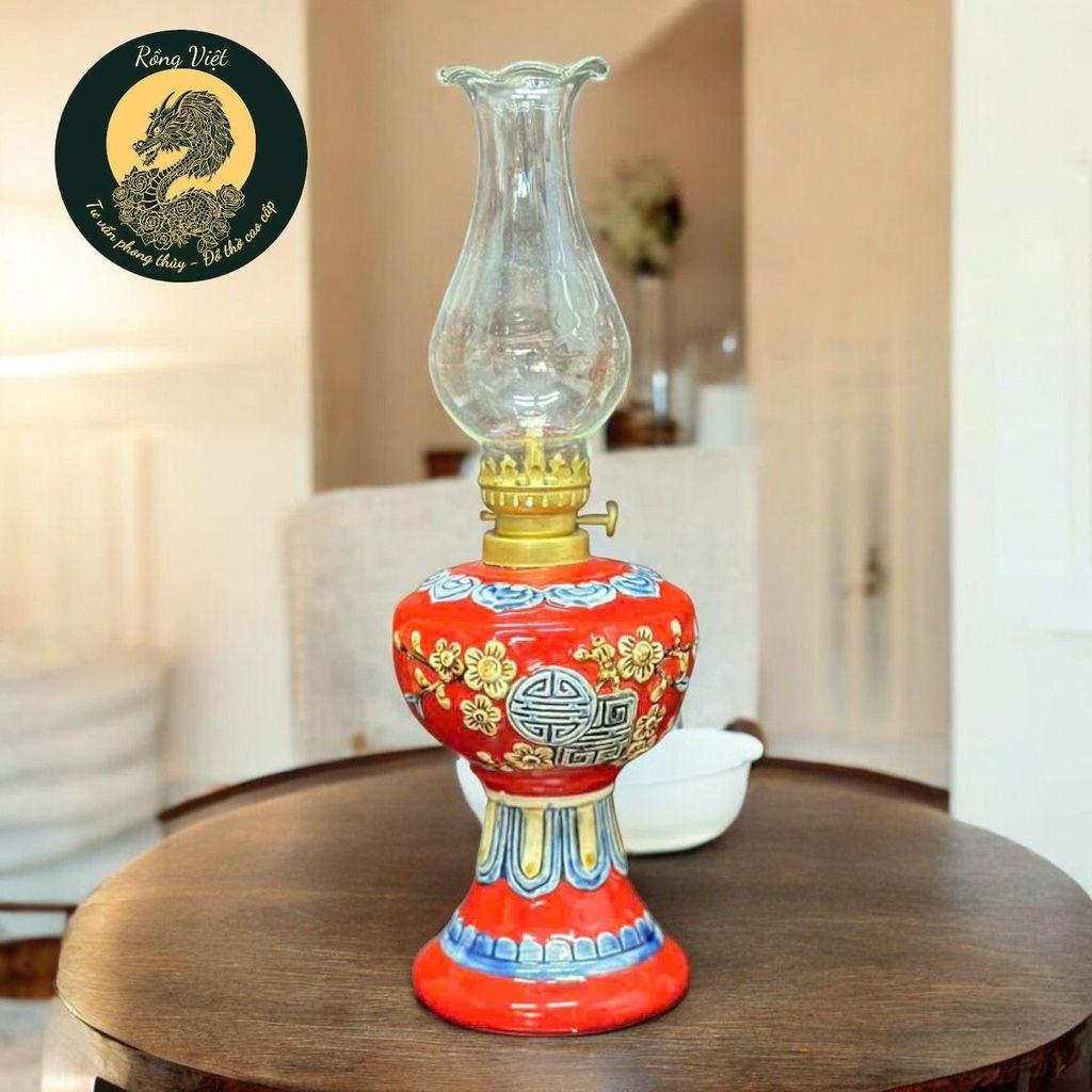 Đèn Dầu Gốm Bát Tràng Men Xanh Rồng Việt - Cao 26cm & 28cm, Đắp Nổi Đào Thọ Cao Cấp(cả bóng đèn)