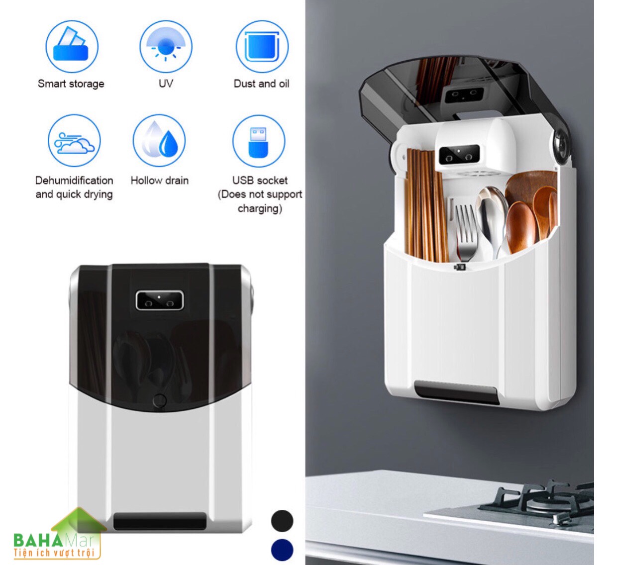 HỘP ĐŨA-THÌA THÔNG MINH KHỬ TRÙNG BẰNG TIA UV TREO CÓ NẮP ĐẬY BAHAMAR khử 99, 99 vi khuẩn bằng tia cực tím giúp đũa thìa đảm bảo vệ sinh ăn uống