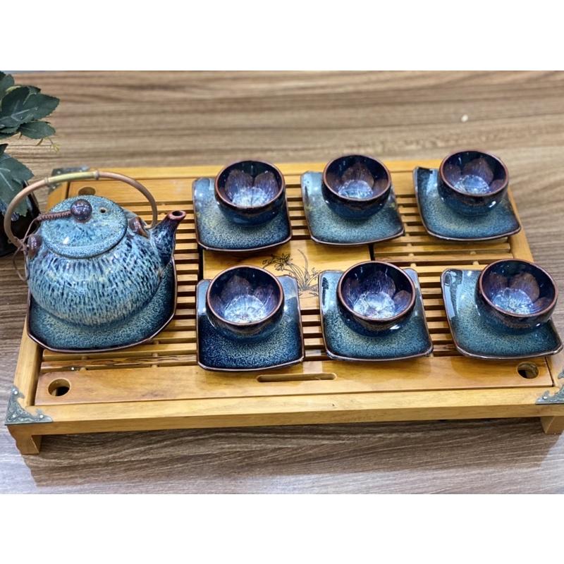 Bộ Ấm Chén Men Hoả Biến Cao Cấp Quai Đông