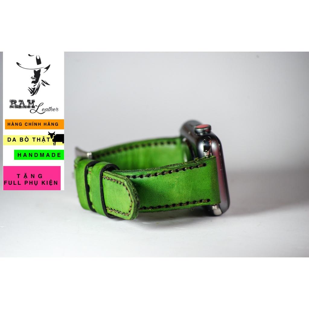 Dây đồng hồ da bò vegtan thảo mộc bền chắc màu xanh lục RAM Leather - tặng khóa chốt và cây thay dây