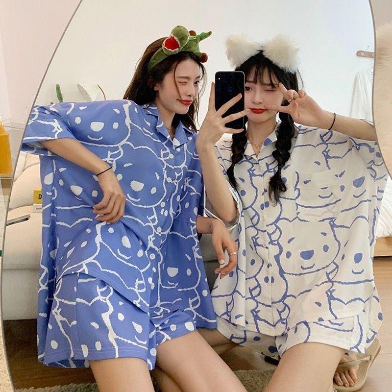 Bộ ngủ nữ cộc hình gấu, bộ pijama quần áo cộc ngắn in hình họa tiết trang trí dễ thương