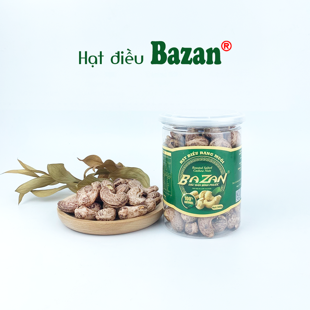 Hạt điều rang muối Bazan Bình Phước nguyên hạt dinh dưỡng A+ loại 1 hộp 300g nắp bật còn vỏ lụa