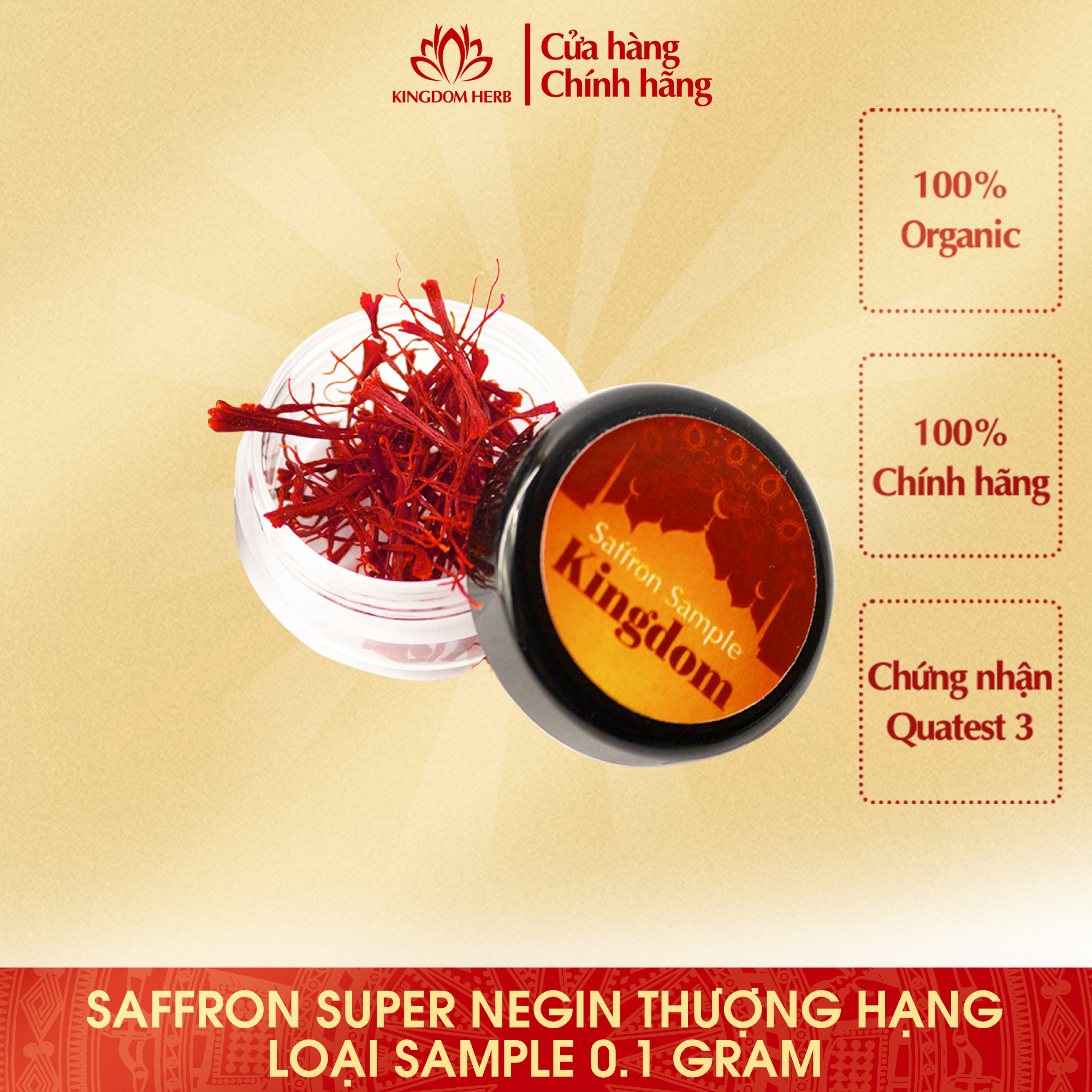 Saffron nhụy hoa nghệ tây Kingdom Herb Iran loại super negin thượng hạng hộp 2 gram (tặng bình thuỷ tinh cao cấp và táo đỏ)