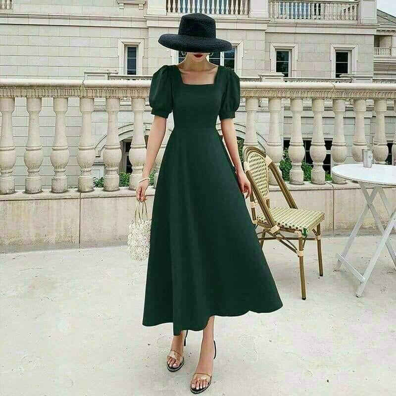 ĐẦM MAXI XANH CỔ VUÔNG TAY PHỒNG