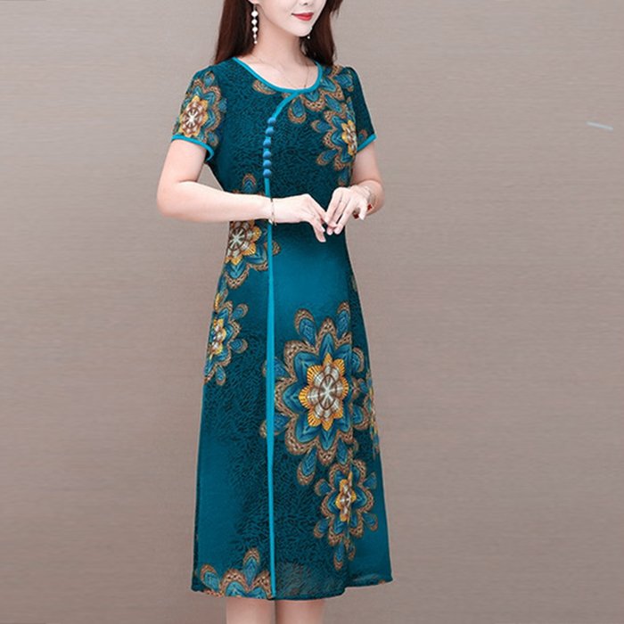 GOTI - Đầm Suông Dự Tiệc Trung Niên Kiểu Váy Đầm Trung Niên Cao Cấp Dành Cho Mẹ U50 U60 In Họa Tiết Cổ Tàu Đính Nút 3240 3310