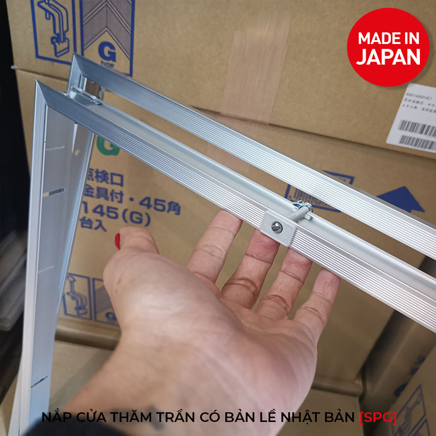 Nắp cửa thăm trần thạch cao 45x45cm SPG-68345 - Nhật Bản, Khung nhôm có bản lề mở thả xuống, sơn tĩnh điện màu Trắng.