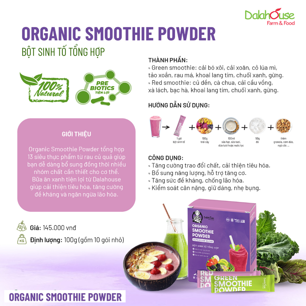 Bột sinh tố tổng hợp Dalahouse/organic smoothie powder hộp 100gr (10 gói) - Bữa ăn xanh tiện lợi giàu chất sơ probiotic