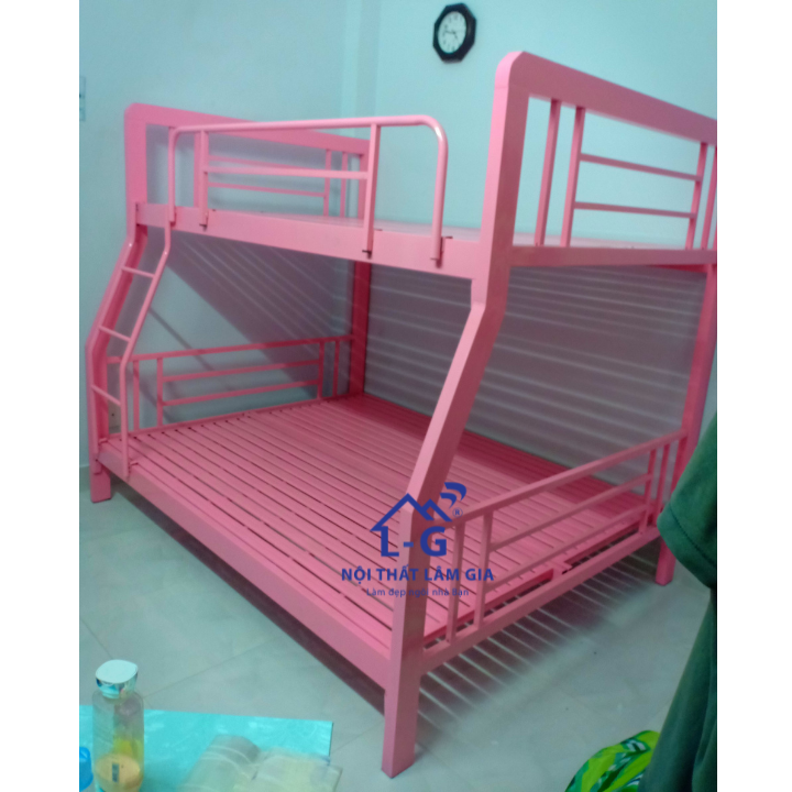 Giường tầng sắt hộp vuông trẻ em cao cấp 1m4-1m6 màu hồng loại tốt