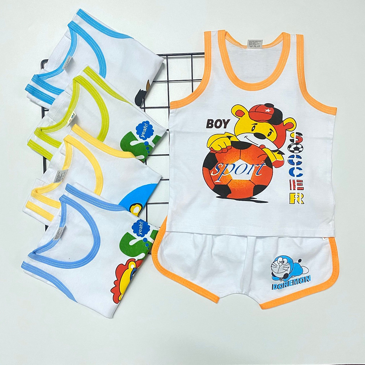 Combo 5 bộ quần áo ba lỗ trắng viền màu cho bé trai, bé gái SS