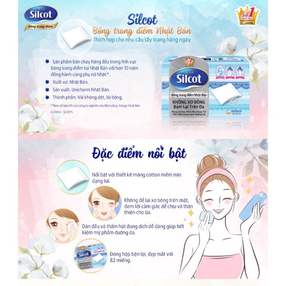 Bông tẩy trang Silcot Nhật Bản Hộp 82 miếng cao cấp - Bông Silcot Unicharm