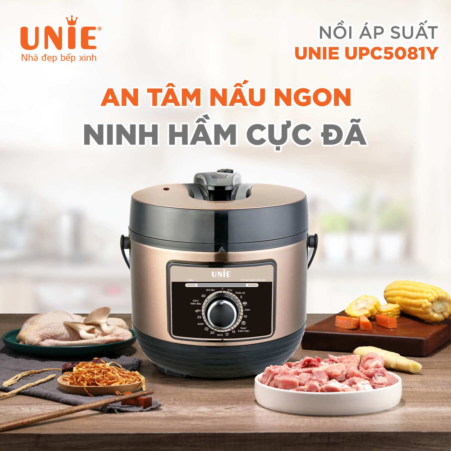 Nồi Áp Suất Điện  Đa Năng  Cao Cấp UNIE UPC5081Y Tiêu Chuẩn Đức Thiết Kế Sang Trọng Tích Hợp 7 Chức Năng Nấu Công Suất 900 W - Hàng Chính Hãng