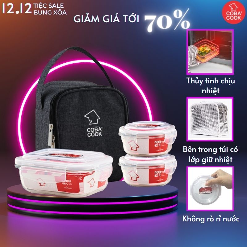 Bộ 3 hộp đựng cơm ,trữ thực phẩm thủy tinh chịu nhiệt COBA'COOK có 1 hộp 640ml + 2 hộp 400ml và 1 túi giữ nhiệt-CCL6R43BS