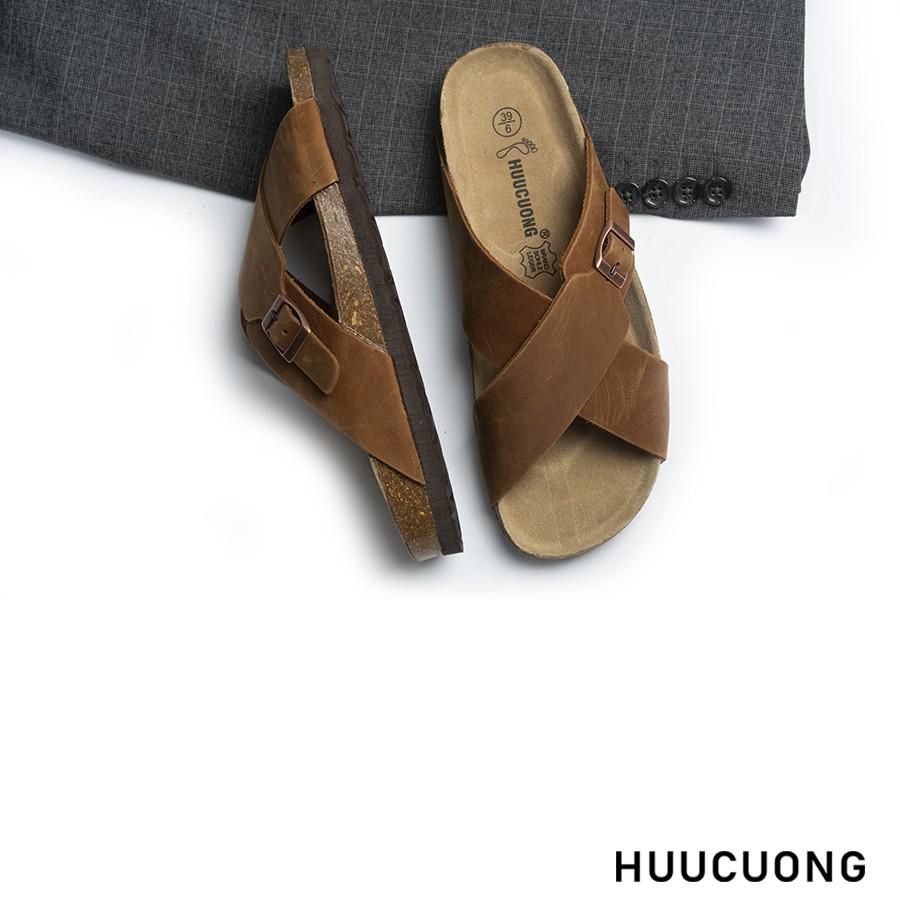 Dép nam Huucuong quai chéo khóa da bò nâu đế trấu handmade