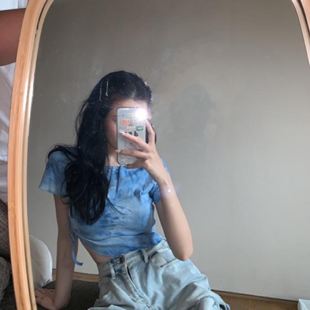 Áo croptop thun gân dây rút màu tie dye cá tính