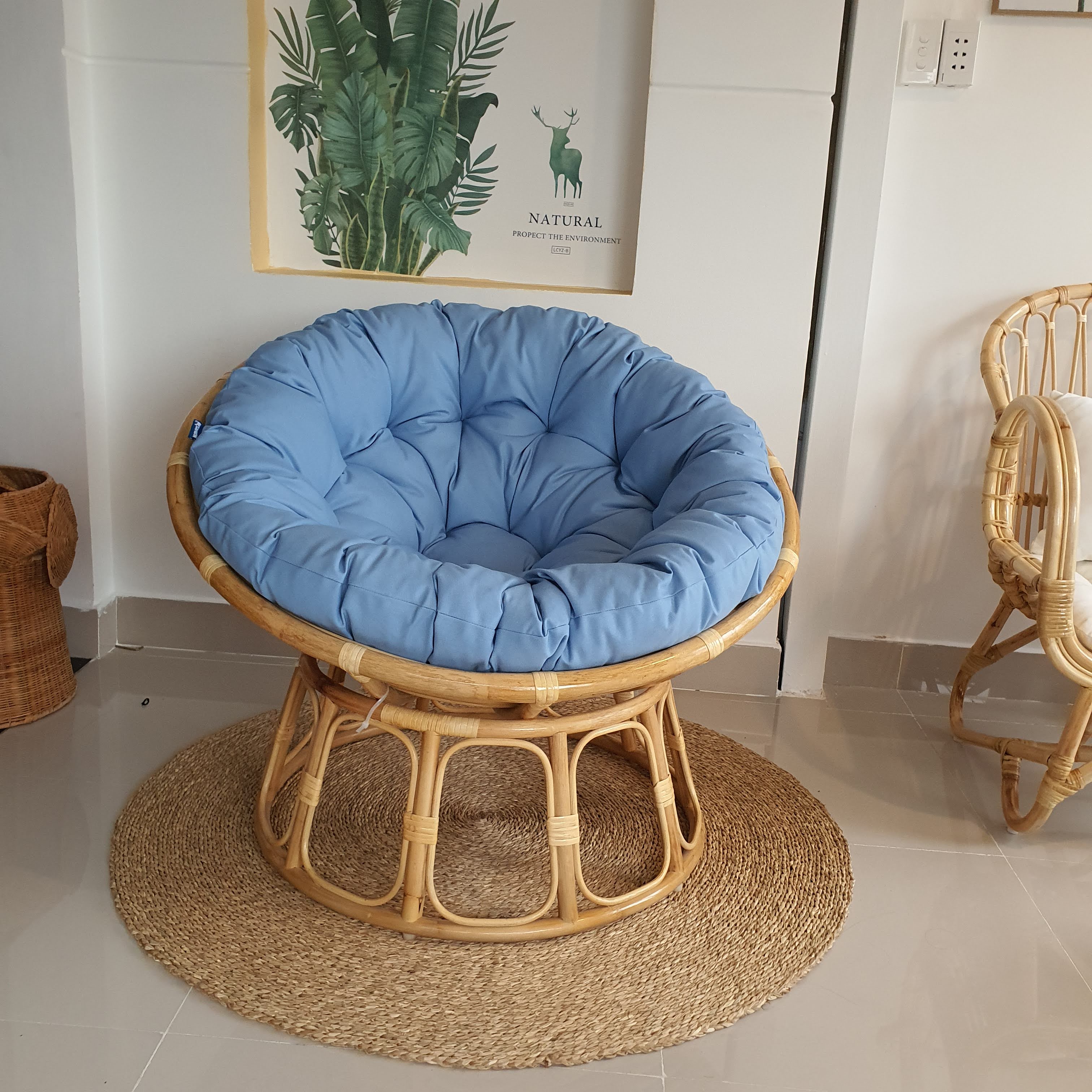 Ghế thư giãn papasan mây tư nhiên ( nệm vải bố cao cấp xanh nhạt)