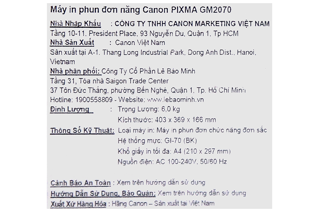 Máy In Phun Trắng Đen Canon PIXMA GM2070 Wifi- Hàng chính hãng