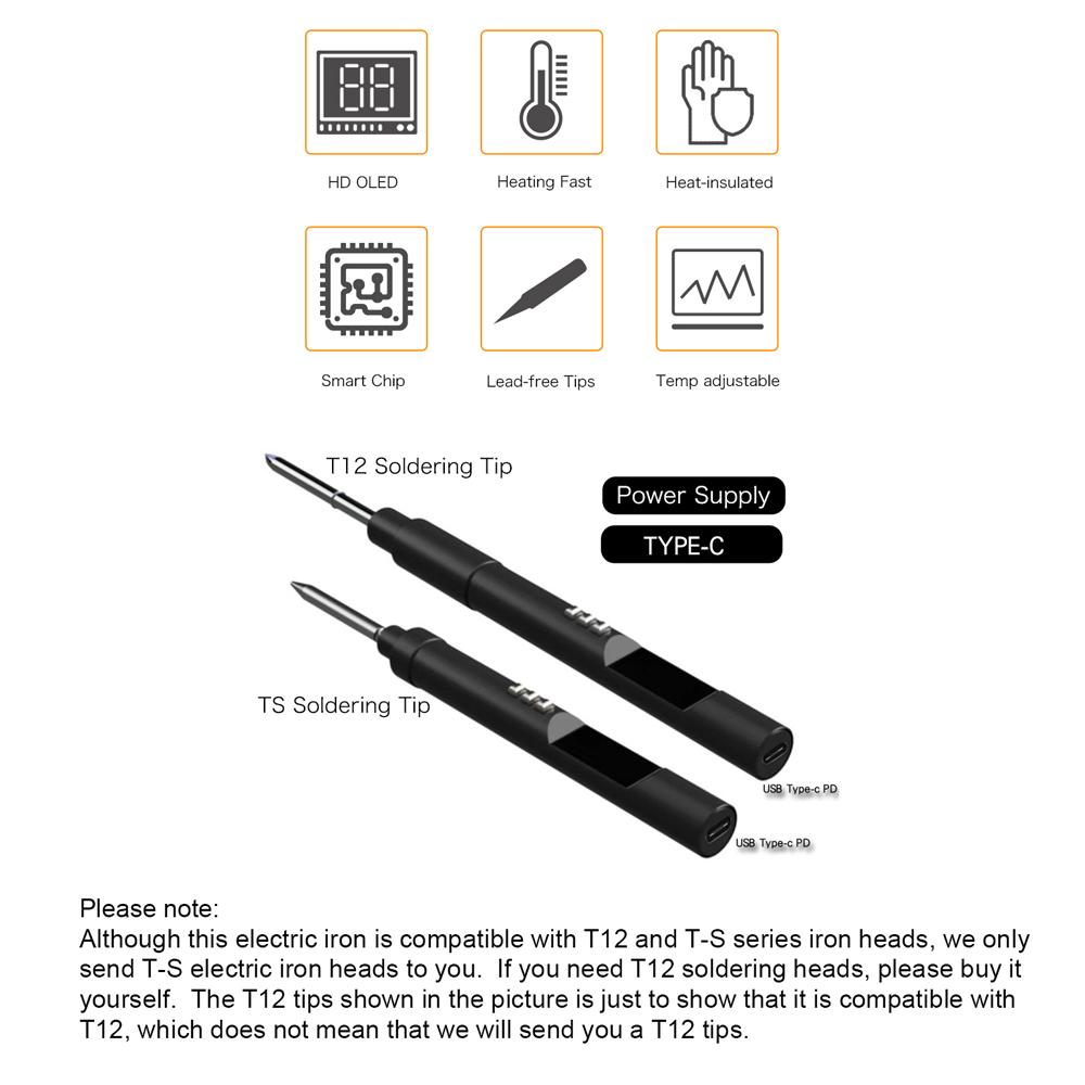 PTS200 65W PD3.0 Intelligent Soldering Iron CNC Metal Housing 0.96inch OLED Display Open Source Programing 50-450℃ Temperature Controllable Soldering Station Compatible with T12 T-S Series Soldering Tips