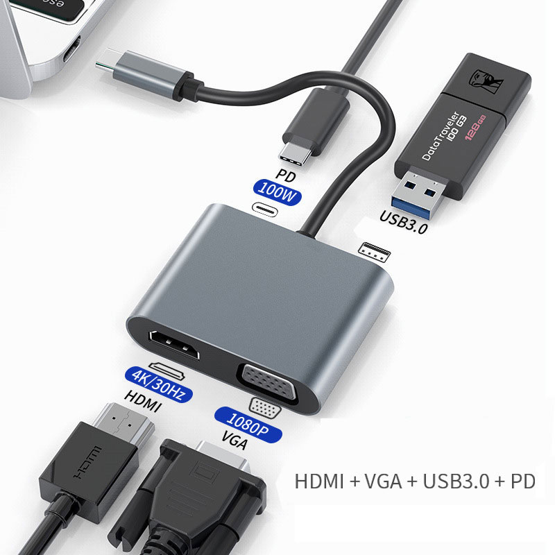 Cáp chuyển đổi Seasy, Type-c ra 4 cổng HDMI/ VGA/ USB và cổng sạc hỗ trợ chế độ Dex - Hàng chính hãng