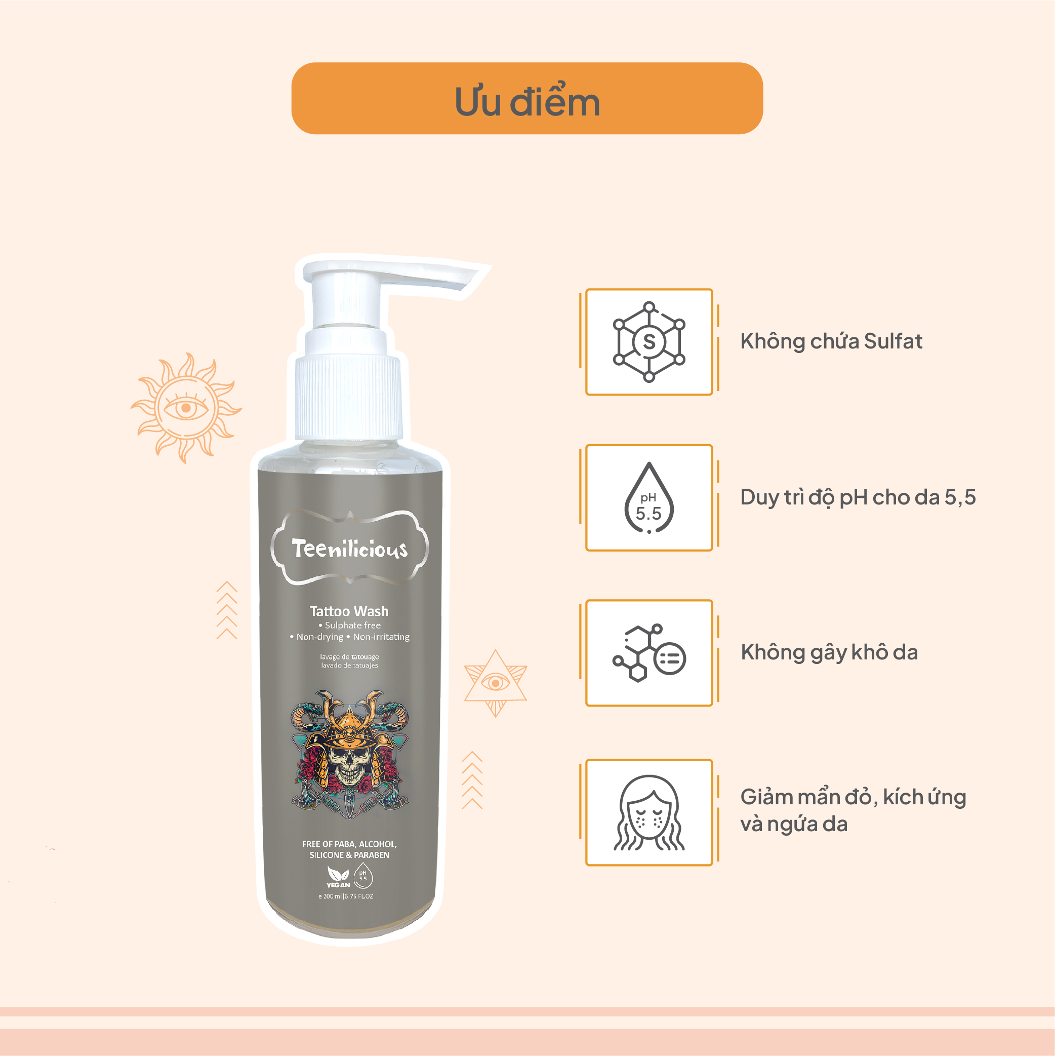 Nước Vệ Sinh Hình Xăm Teenilicious Tattoo Wash Làm Sạch Dịu Nhẹ, Giúp Dưỡng Ẩm Mềm Mịn Da Xăm 200ml