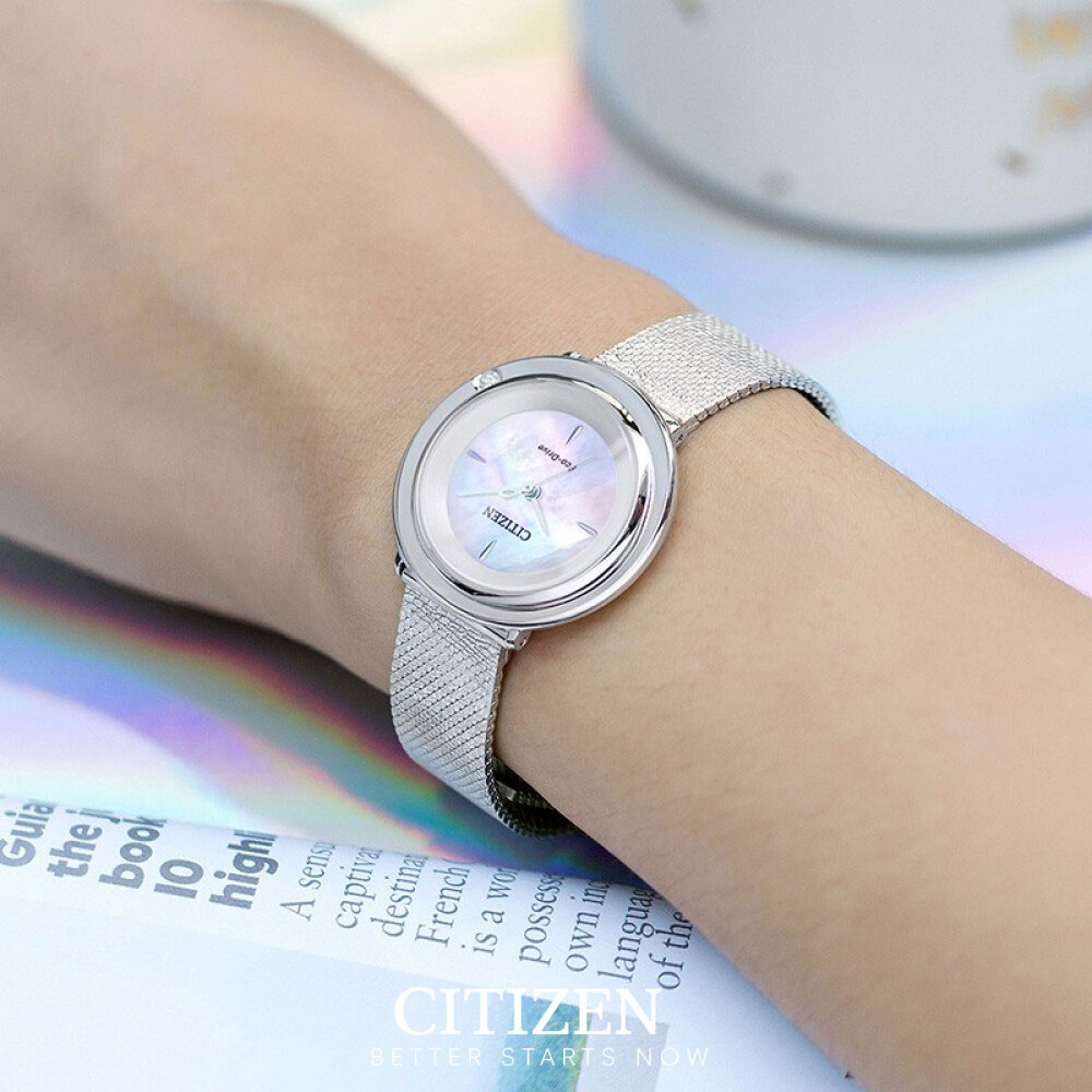 Đồng Hồ Nữ Citizen Đính Kim Cương Dây Thép Không Gỉ EM0640-82D - Mặt Xà Cừ (Sapphire)