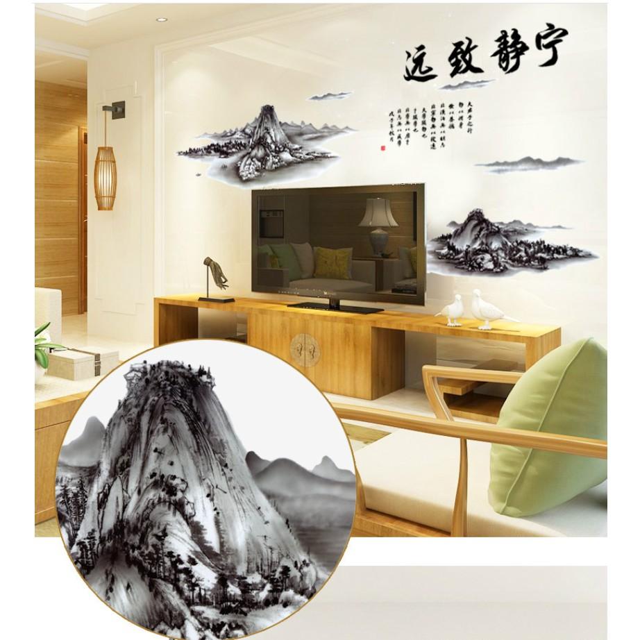 Decal trang trí tường - Phong Cảnh Sơn Thủy đen kèm chữ