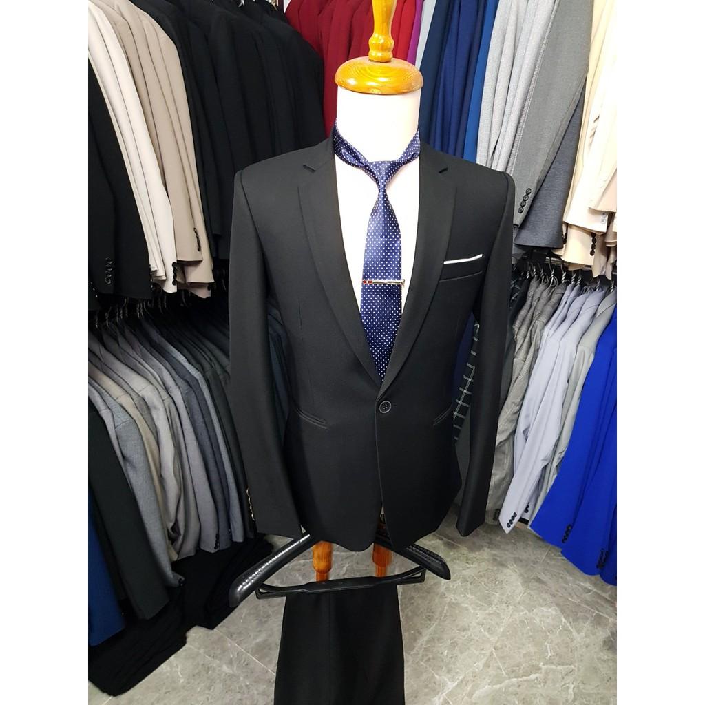 Bộ vest nam màu đen form ôm chất liệu vải bố cực dày mịn (áo+quần+cà vạt+nơ)