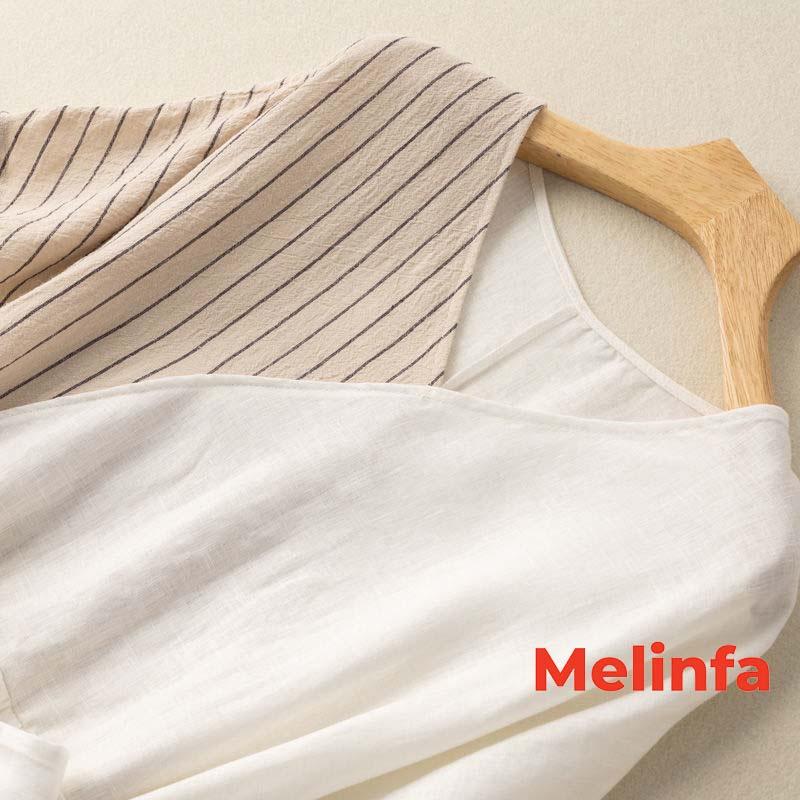 Váy đầm nữ cổ V trẻ trung thanh lịch có đai thắt kèm dáng dài vải Cotton Linen tự nhiên mã VAV0328