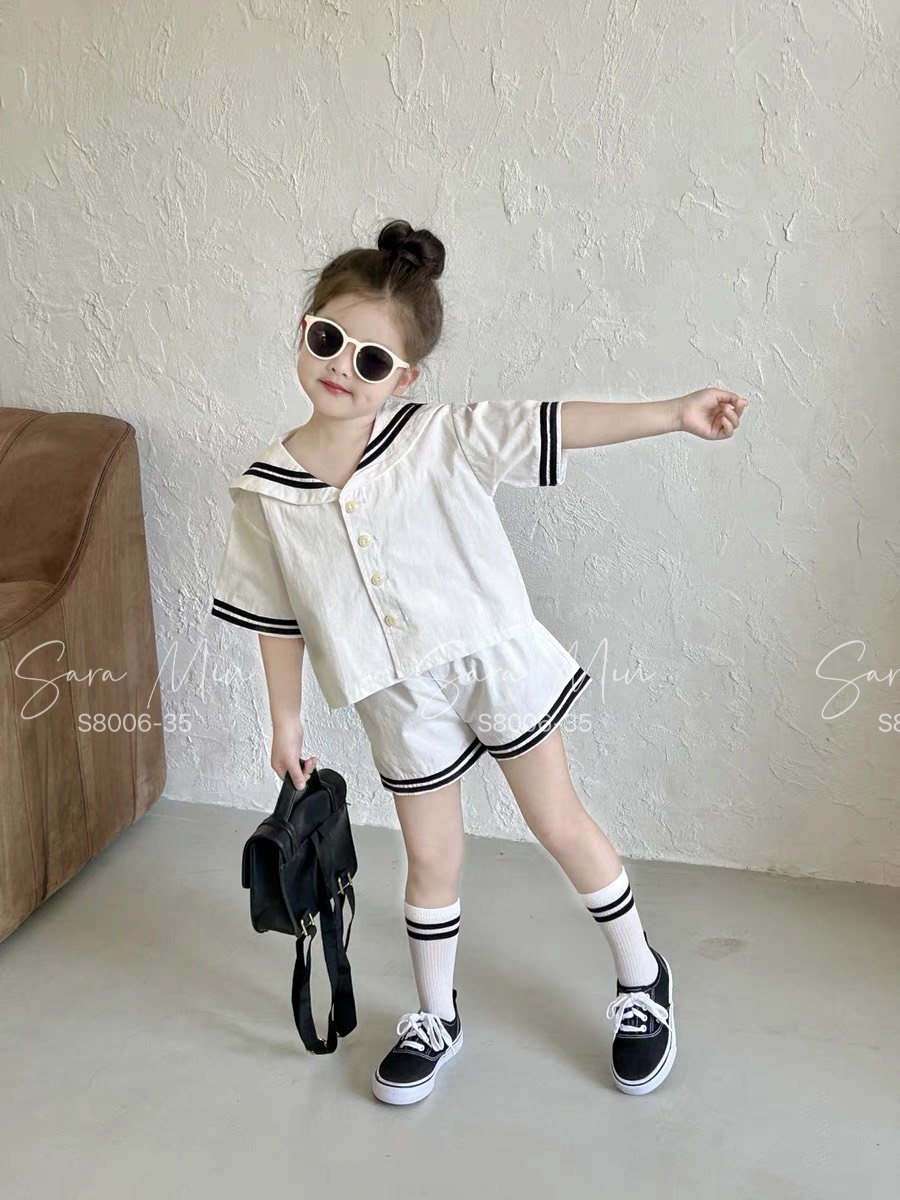 [Từ 1 đến 12 tuổi] Set bộ trắng Hải quân thô cotton mềm mịn hút mồ hôi đi học đi chơi