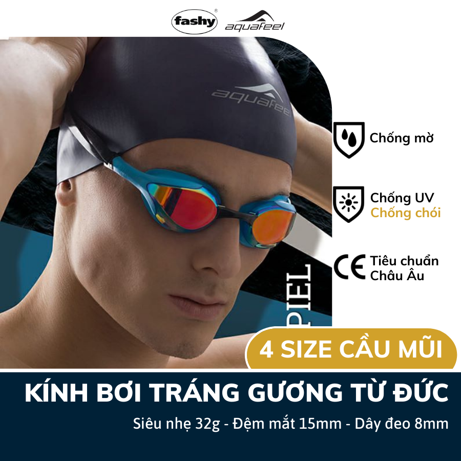 Kính bơi chuyên nghiệp từ Đức Aquafeel dòng "Leader Mirrored" siêu nhẹ (32g), 100% nhập khẩu từ Đức, đạt tiêu chuẩn chất lượng Châu Âu, thiết kế kiểu dáng dành cho thi đấu đỉnh cao, phù hợp cho cả nam và nữ - Free Size