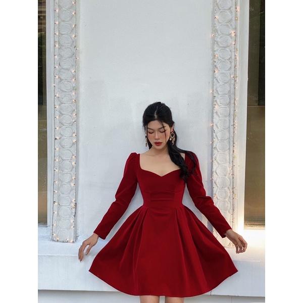 Đầm xoè nhung dài tay cổ tim nữ tính Kayla dress