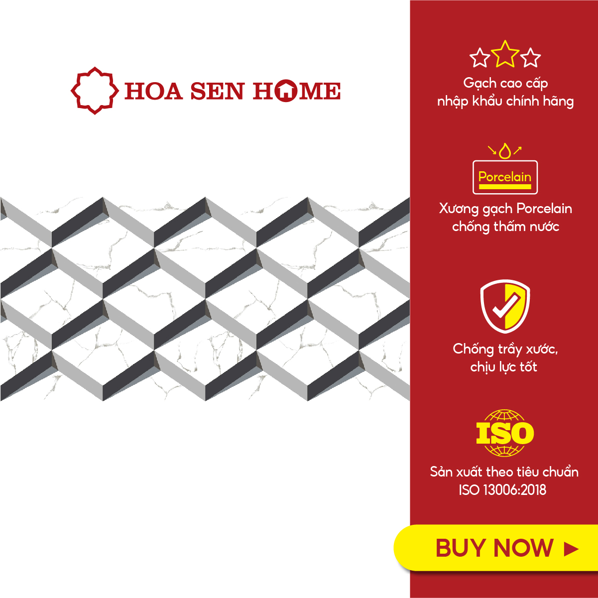 Gạch men ốp tường LUSTRA INEMB0601200058 họa tiết 3D khối lập phương, phong cách, độ hút nước dưới 0.5%, kích thước 600mmx1200mm, thùng 2 viên - Hàng chính hãng