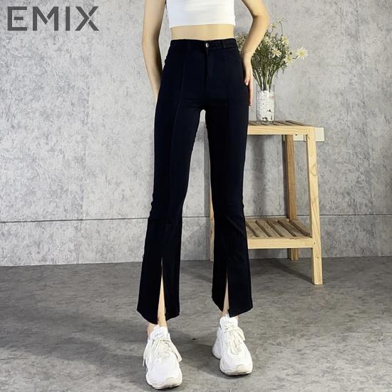 Quần jean giấy nữ cạp cao EMIX (màu đen), dáng dài 90cm, ống ôm và loe, xẻ trước, chất vải jean giấy co giãn 899