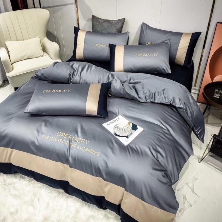 Bộ Chăn Ga Gối Lụa LAN PHAM BEDDING Đơn Giản Mà Cực Chất - Màu Xám Xanh