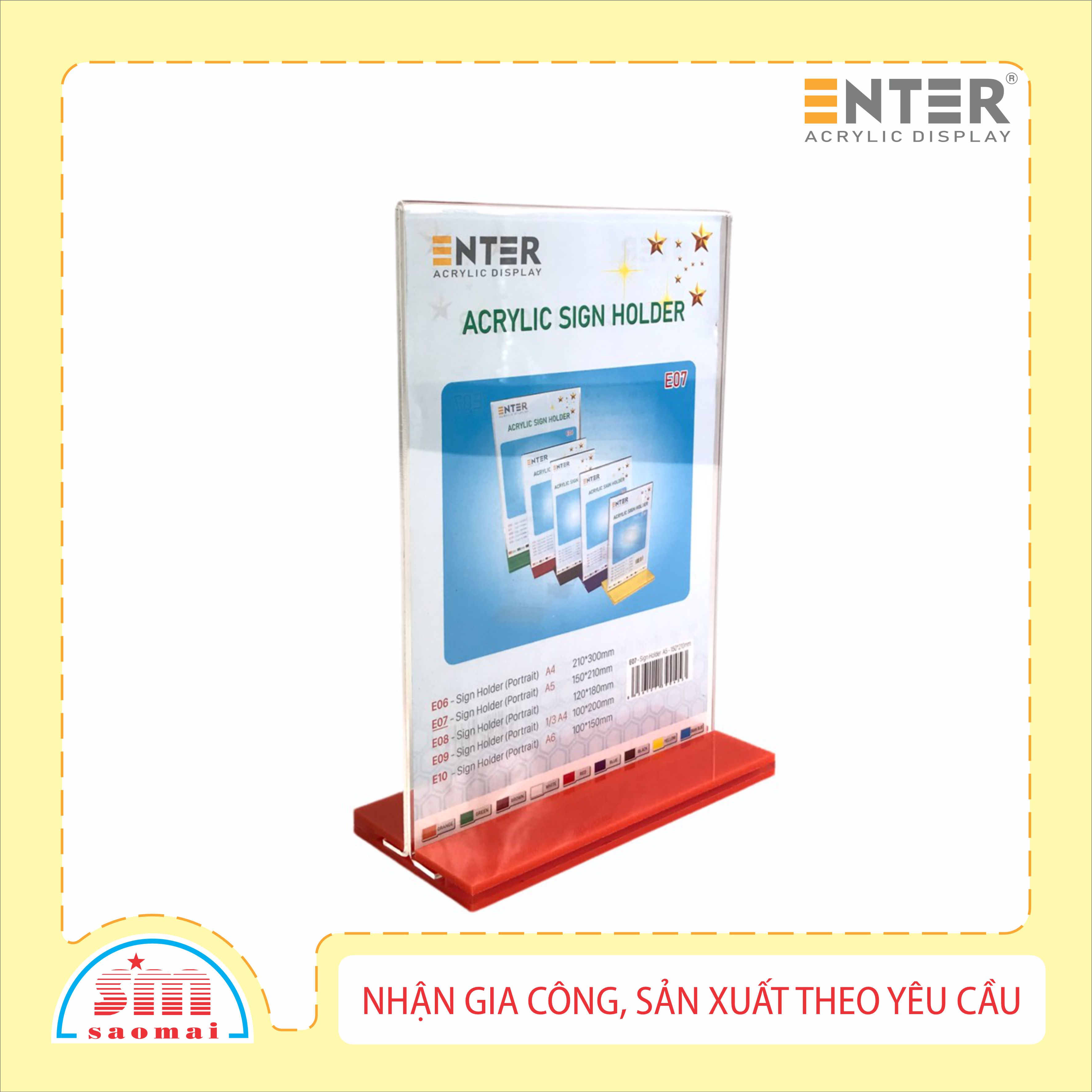 Kệ menu nhà hàng, Standee mica để bàn, Bảng quét mã QR Code, Kệ mica 2 mặt Enter E07 150x210mm đế lùa A5 đứng