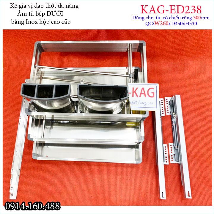 Kệ Gia vị 3 tầng KAG-ED238 rộng 26cm , kệ đựng gia vị có ray kéo, kệ để gia vị ray giảm chấn âm tủ bếp 30cm