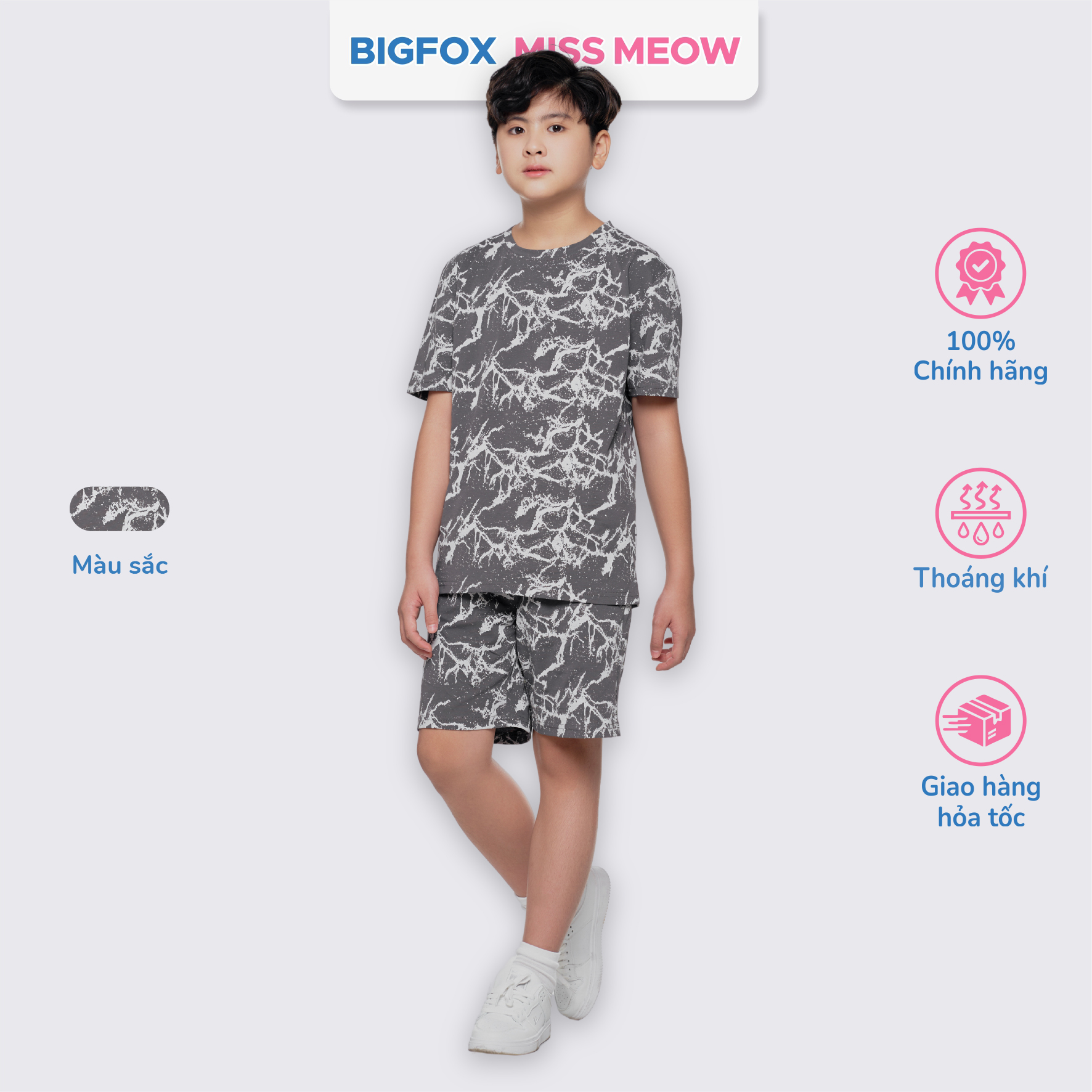 Bộ cộc tay bé trai Bigfox Miss Meow size đại chất cotton cỡ 12,13,14,15 tuổi 40kg 50kg