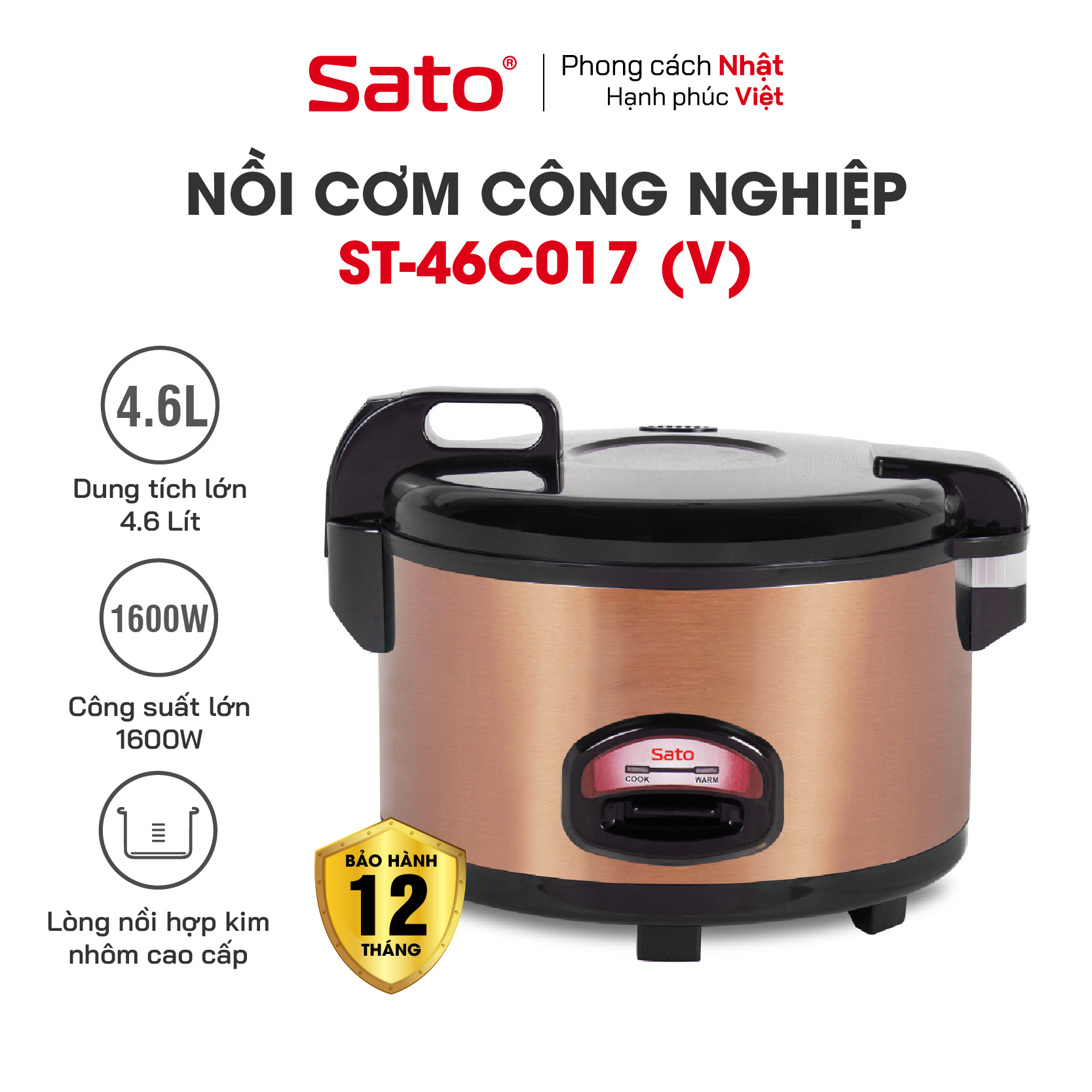 Nồi Cơm Điện Công Nghiệp SATO 46C017 (V) 4.6L - Phù hợp cho: nhà hàng, khách sạn, quán cơm, bếp ăn tập thể, trường học, công ty, công trình XD ...- Miễn phí vận chuyển toàn quốc - Hàng Chính Hãng