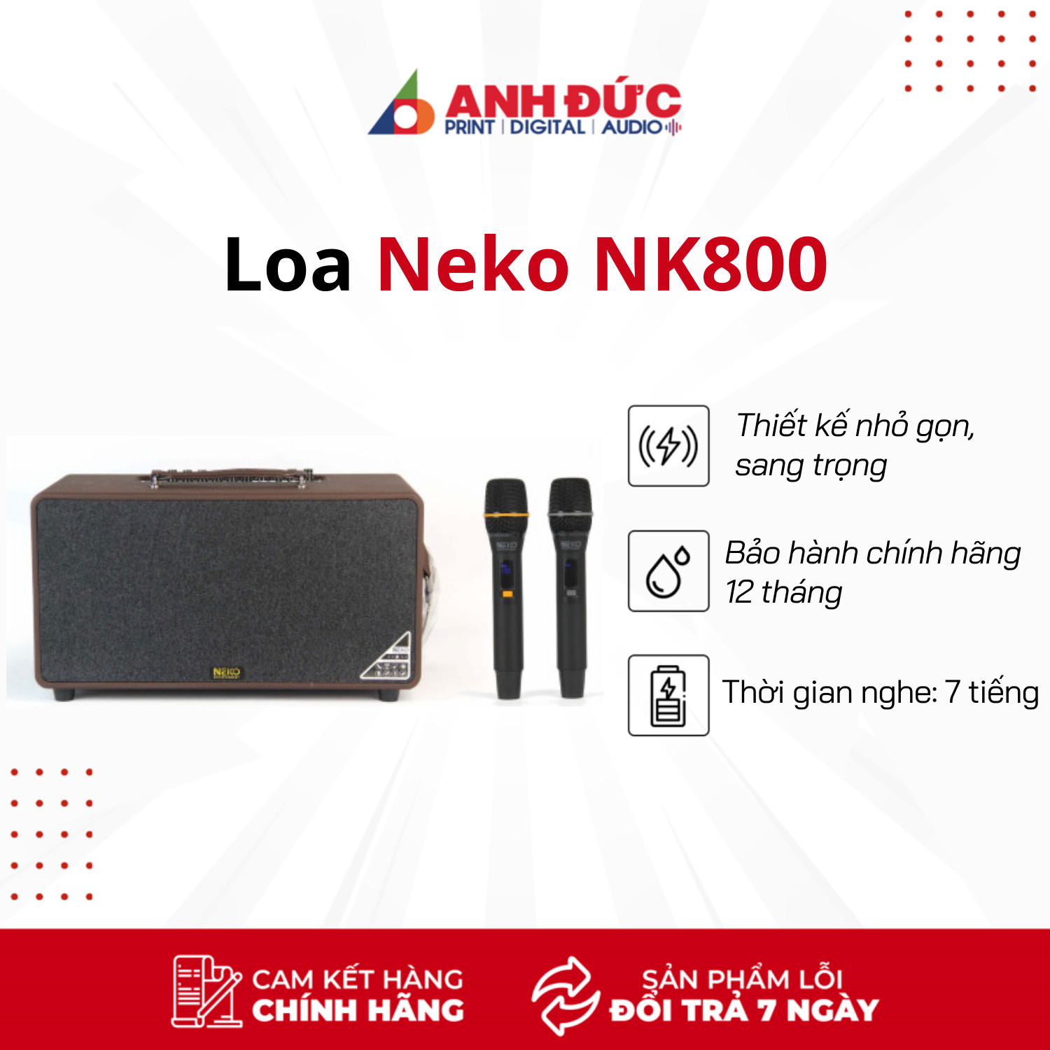 Loa Karaoke Xách Tay Neko NK800 (Công Suất 120W, Kèm 2 Micro Không Dây UFH) - Hàng Chính Hãng