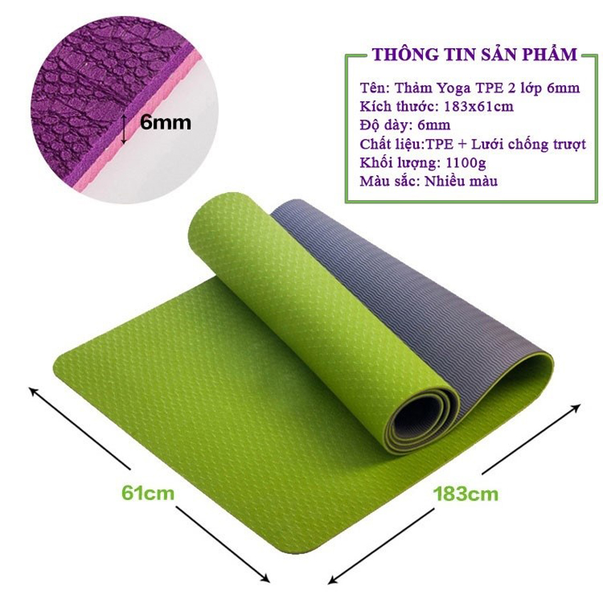 Combo Thảm Tập Yoga 2 Lớp 6mm, 2 Gạch Yoga EVA, Ống Lăn Massage 33x13cm - YOGA QG, Thảm TPE Cao Cấp, Chống Trơn Trượt, Không Mùi; Gạch EVA Có Độ Nén Cao, Nhẹ, Chịu Lực Tốt;  Ống Lăn Có Gai Massage Giúp Giảm Đau Nhức Sau Tập Luyện - Hàng chính hãng