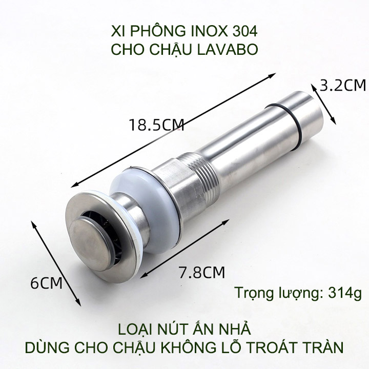 Xi phông chậu rửa mặt lavabo bằng inox 304, nút nhấn đóng xả, dùng cho chậu không lỗ thoát tràn