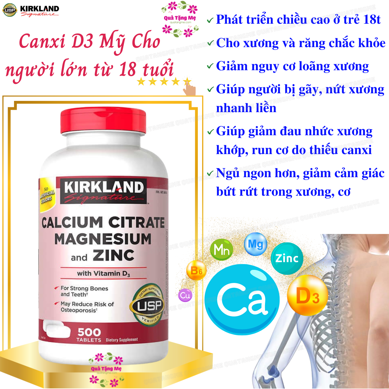 Canxi Mỹ Kirkland Signature Calcium Citrate Magnesium And Zinc with Vitamin D3 phát triển hệ thống xương, phòng loãng xương - QuaTangMe Extaste