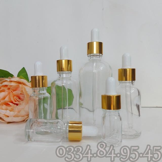 Chai thủy tinh thân TRONG nắp bóp VÀNG 5ml 10ml 20ml 30ml 50ml 100ml - Lọ đựng serum, chiết tinh dầu, mỹ phẩm, PHỄU MINI