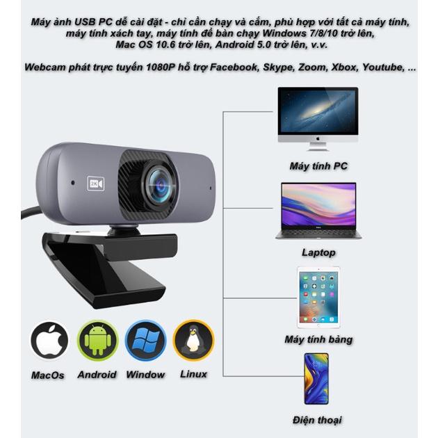 Webcam UHD 2K Tích Hợp Micro, Xoay 360 Độ, Góc nhìn siêu rộng 130°, Phù Hợp Hội Nghị Học Online