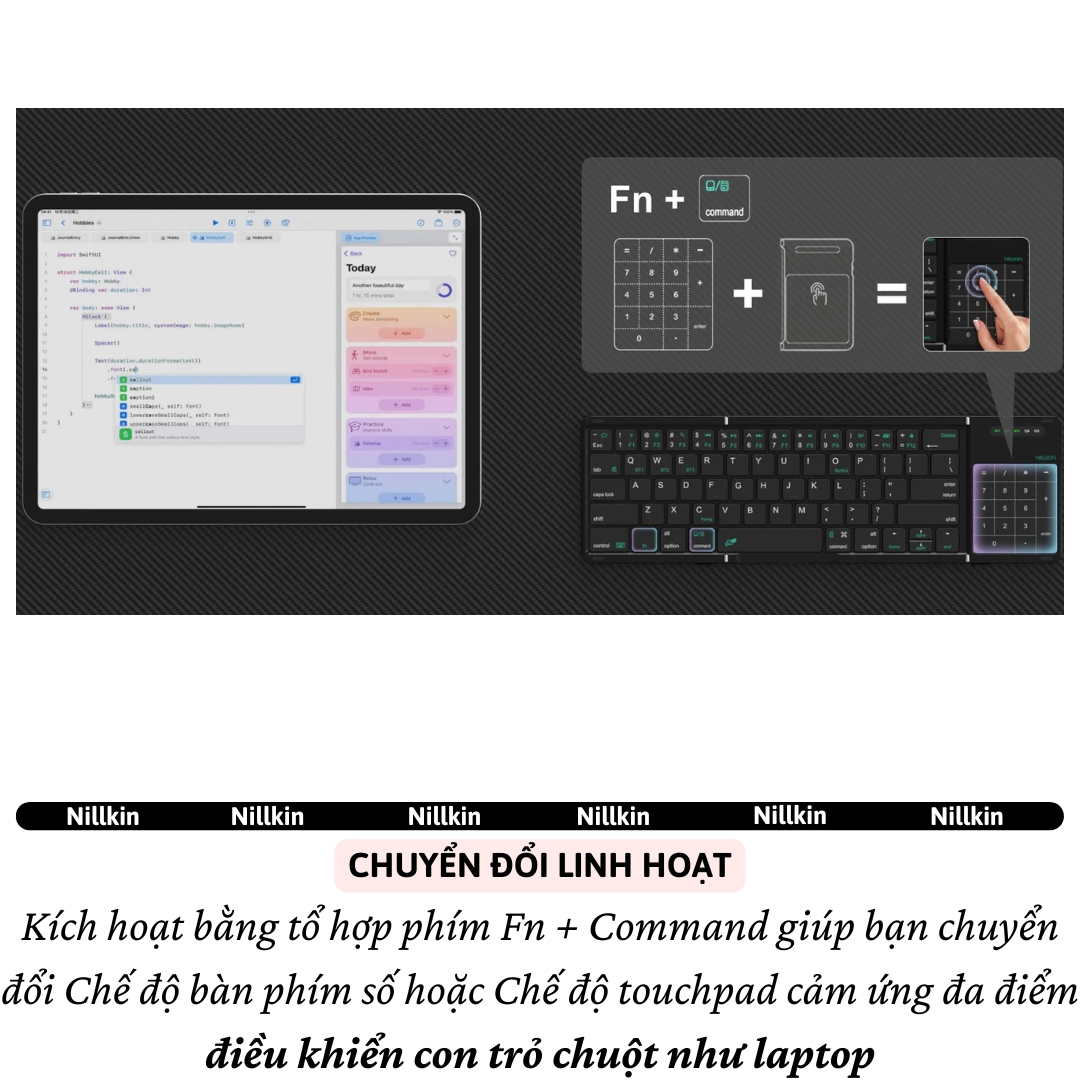 Bàn phím gấp gọn di động không dây bluetooth V5.2 tích hợp trackpad &amp; phím số hiệu Nillkin Cube Pocket - Nhỏ gọn, mỏng nhẹ, phím tắt thông minh, hỗ trợ Androids &amp; iOS, gõ thoải mái cho iPad cho iPhone, máy tính bảng, cho macbook, laptop - hàng nhập khẩu